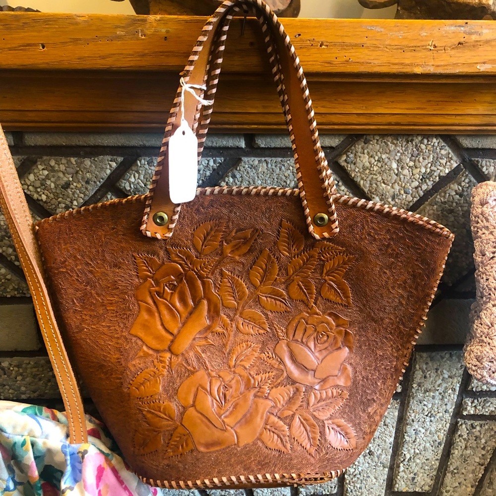 Vintage leather rose engraved handbag